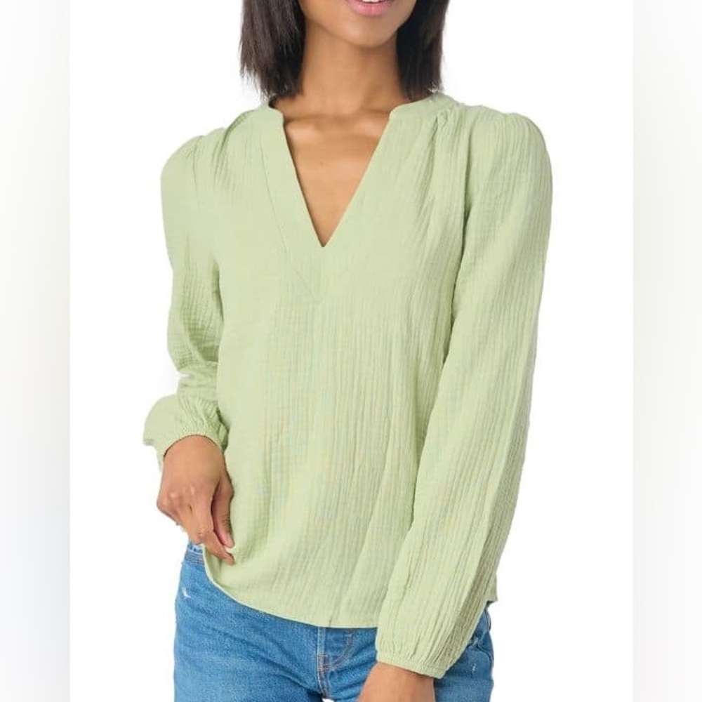 Gibsonlook | Sage Green 100% Gauze Split V-Neck Long Sleeve Blouse, Size S, NWT
